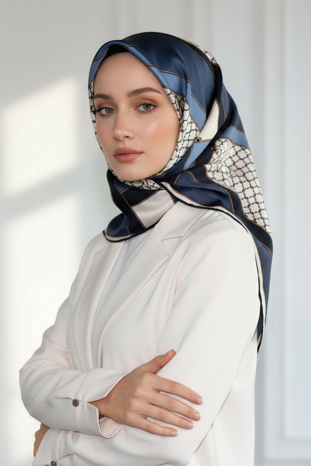 %100 Twill İpek Geometrik Desenli Lacivert - İndigo Renkli 90x90 Eşarp Dikim Şekli : El Dikişi