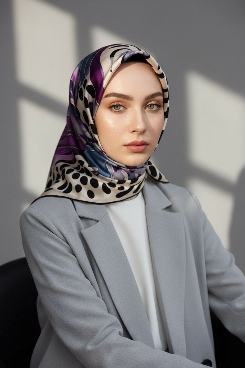 %100 Twill İpek Amazon Desenli Lila - İndigo Renkli 90x90 Eşarp Kenar Dikiş Şekli El Dikişli