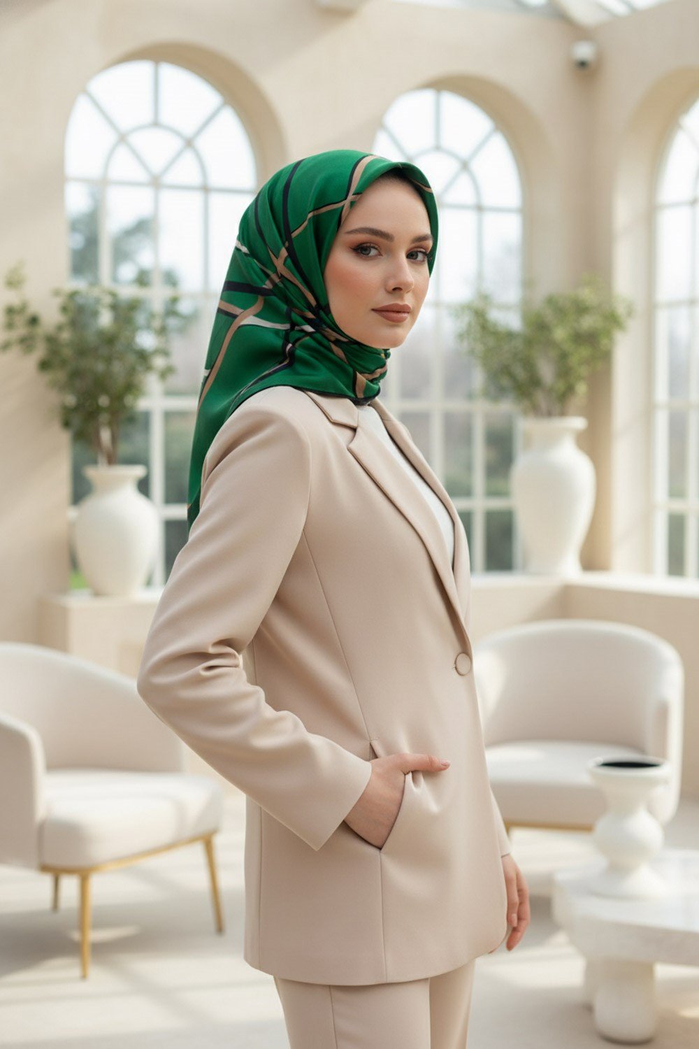 %100 Twill İpek Çizgili Desenli Zümrüt Yeşili - Siyah Renkli 90x90 Eşarp Dikim Şekli : El Dikişi