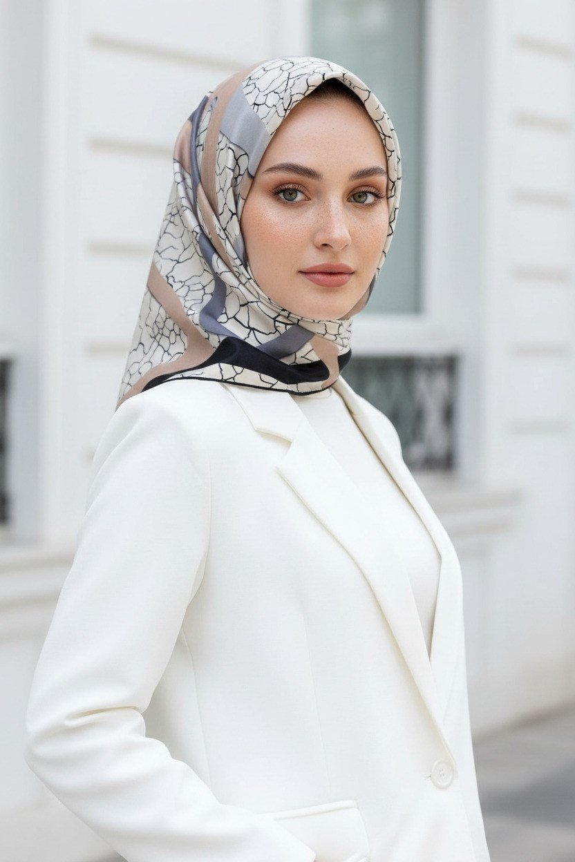 %100 Twill İpek Geometrik Ve Çatlak Desenli Gri - Bej Renkli 90x90 Eşarp Dikim Şekli : El Dikişi