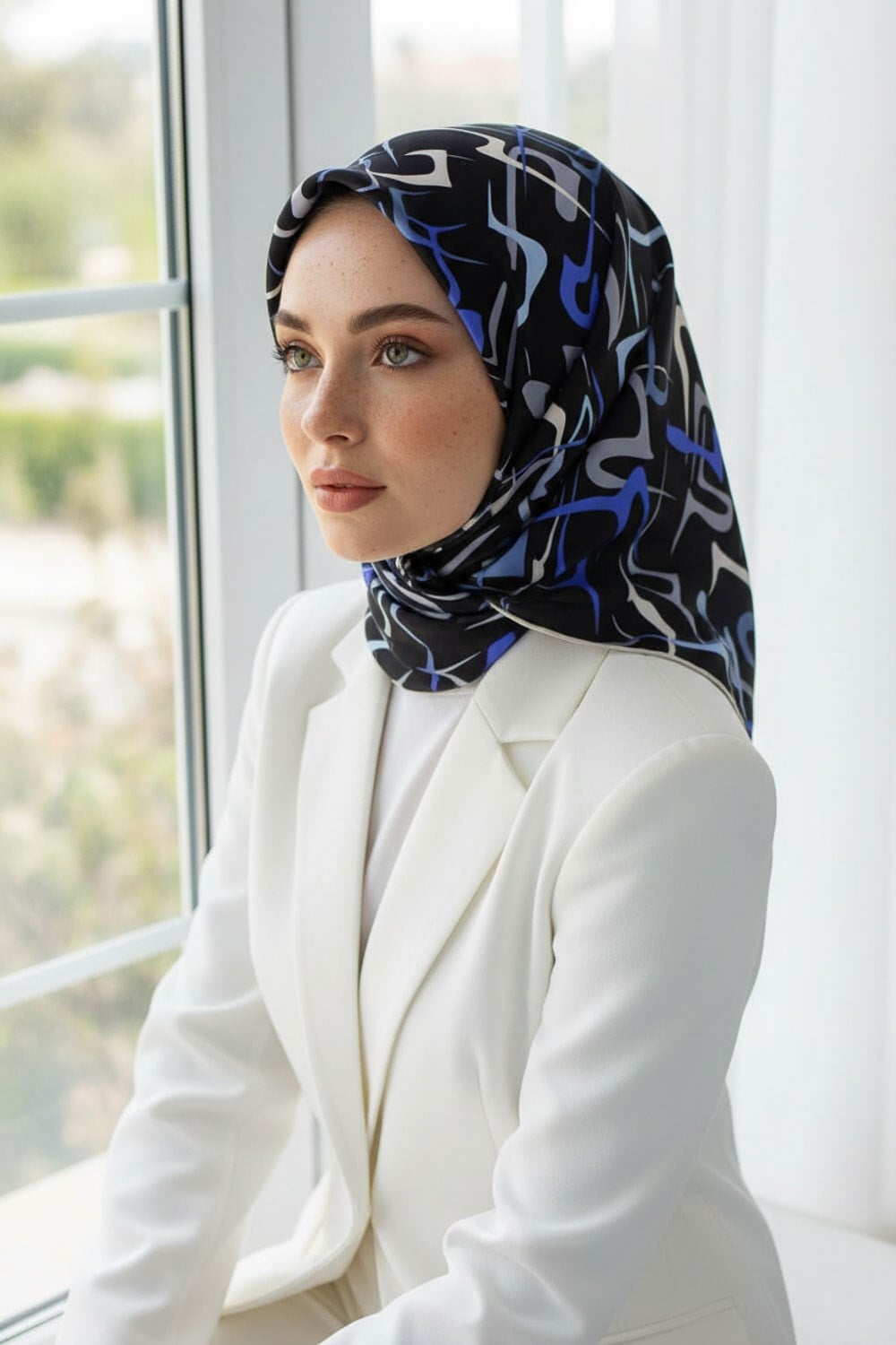 %100 Twill İpek Soyut Geometrik Desenli İndigo - Gri Renkli 90x90 Eşarp Dikim Şekli : El Dikişi
