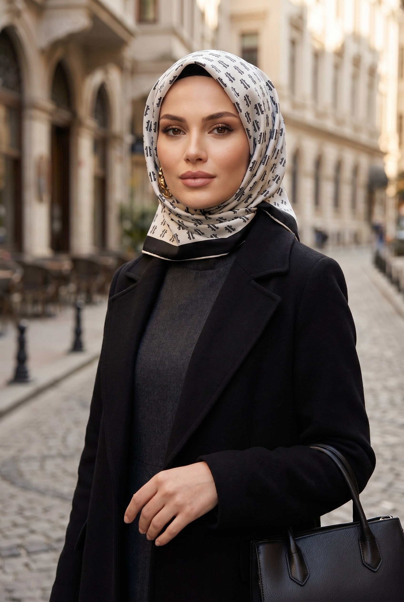 %100 Twill İpek Geometrik Desenli Krem - Siyah Renkli 90x90 Eşarp Dikim Şekli : El Dikişi