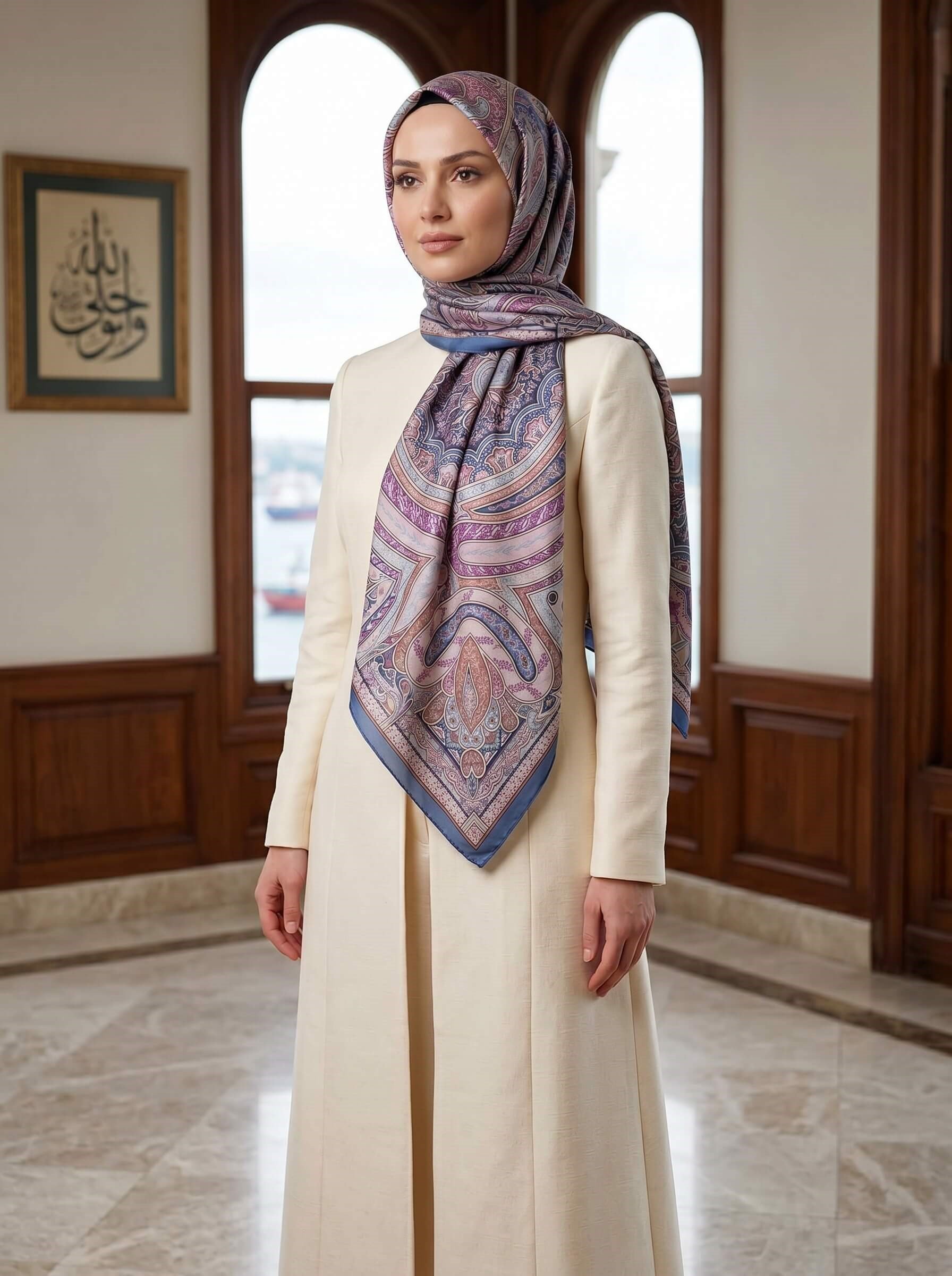 %100 Saf İpek Şal İnce Saten Vual Dokuma Etro Desenli Saks - Pembe Renkli 90x210 Şal