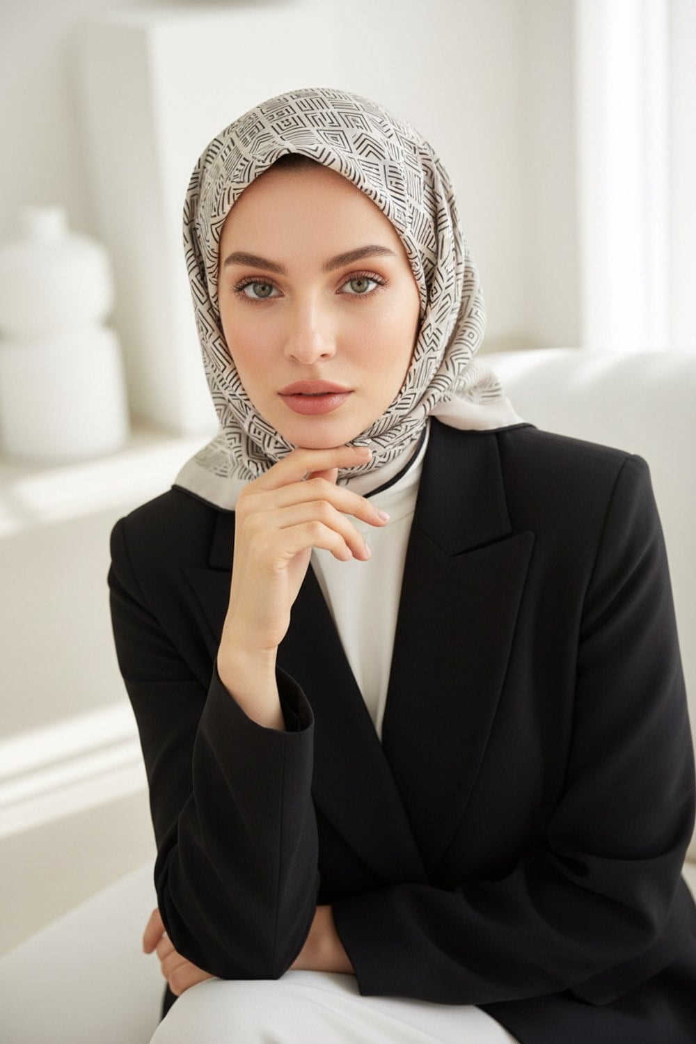 %57 İPEK %43 VİSKON Twill İpek Etnik Motif Desenli Krem - Siyah Renkli 90x90 Eşarp Dikim Şekli : El Dikişi
