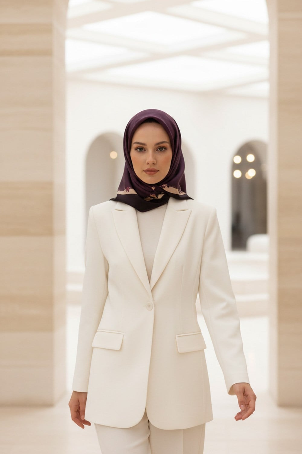 %100 Twill İpek Kenar Motifi Çiçek Desenli Şarabi - Bej Renkli 90x90 Eşarp Dikim Şekli : El Dikişi