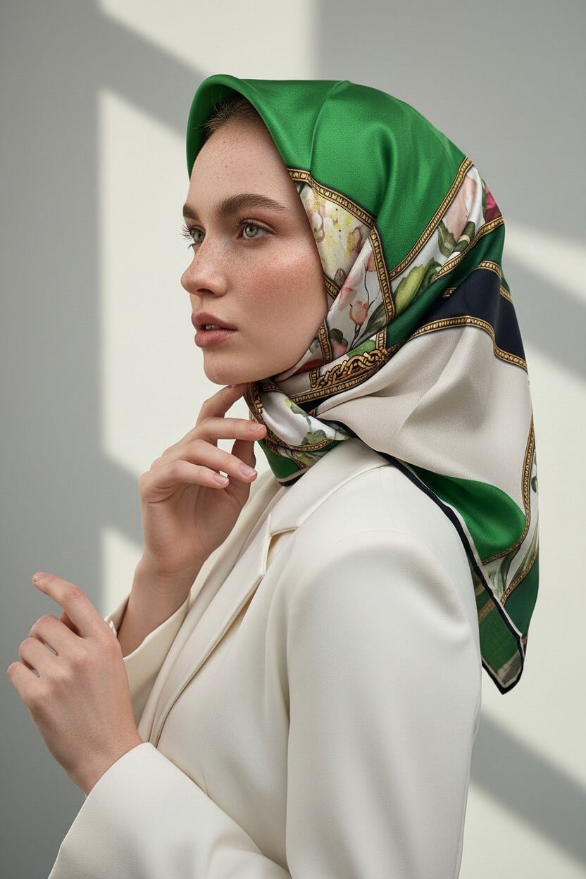 100% Twill İpek Şeritli Çiçek Desenli Zümrüt Yeşili - Krem Renkli 90x90 Dikim Şekli : El Dikişi Eşarp