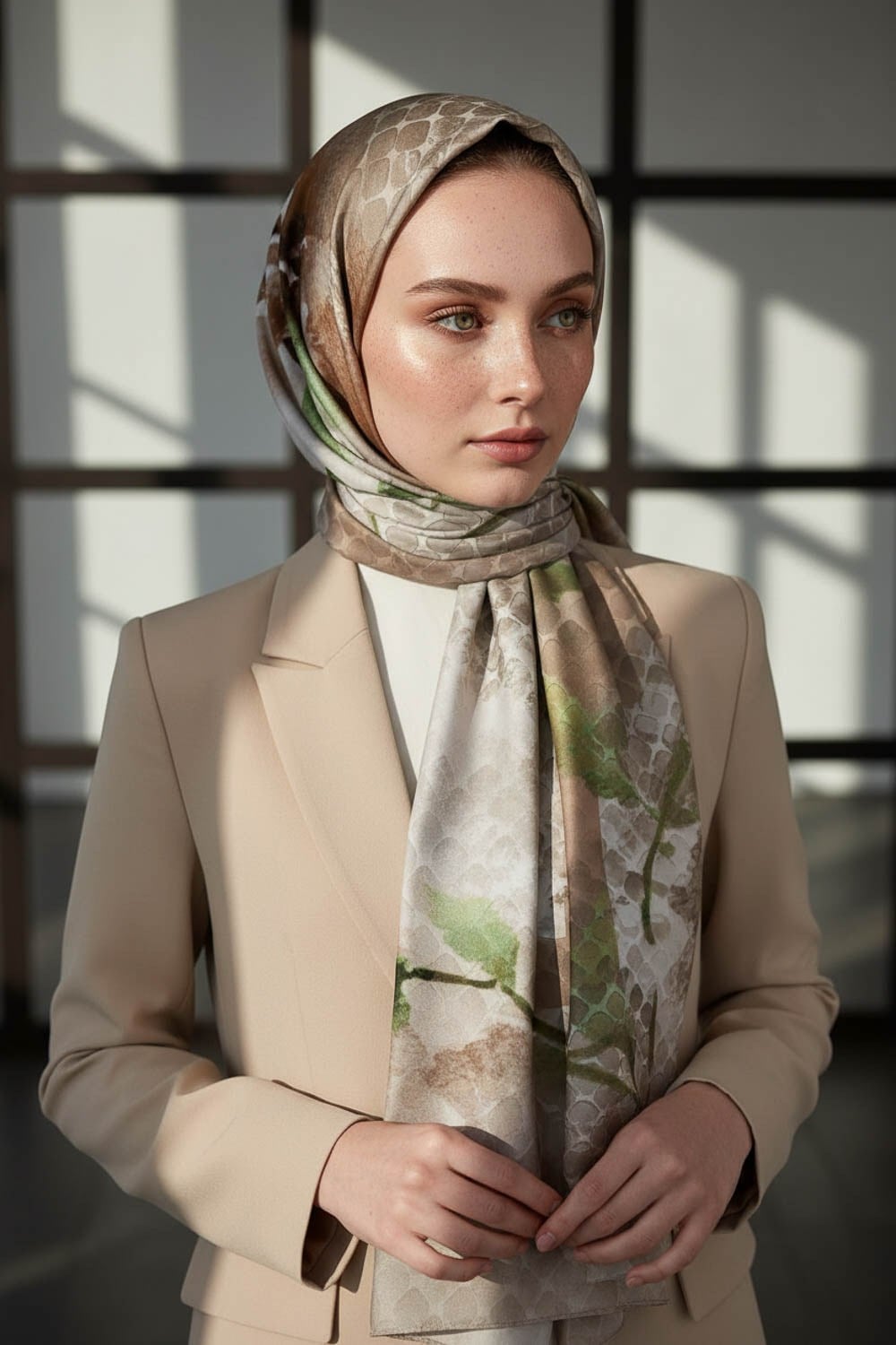 KREP SULU BOYA ÇİÇEK DESENLİ BEJ RENKLİ 75X195 KIRIŞMAZ ŞAL