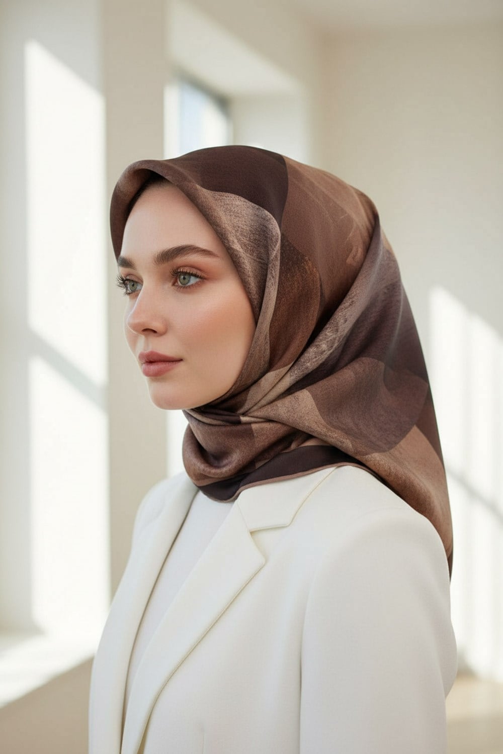 %100 Twill İpek Geometrik Desenli Soğan Kabuğu - Bej Renkli 90x90 Eşarp Dikim Şekli : El Dikişi