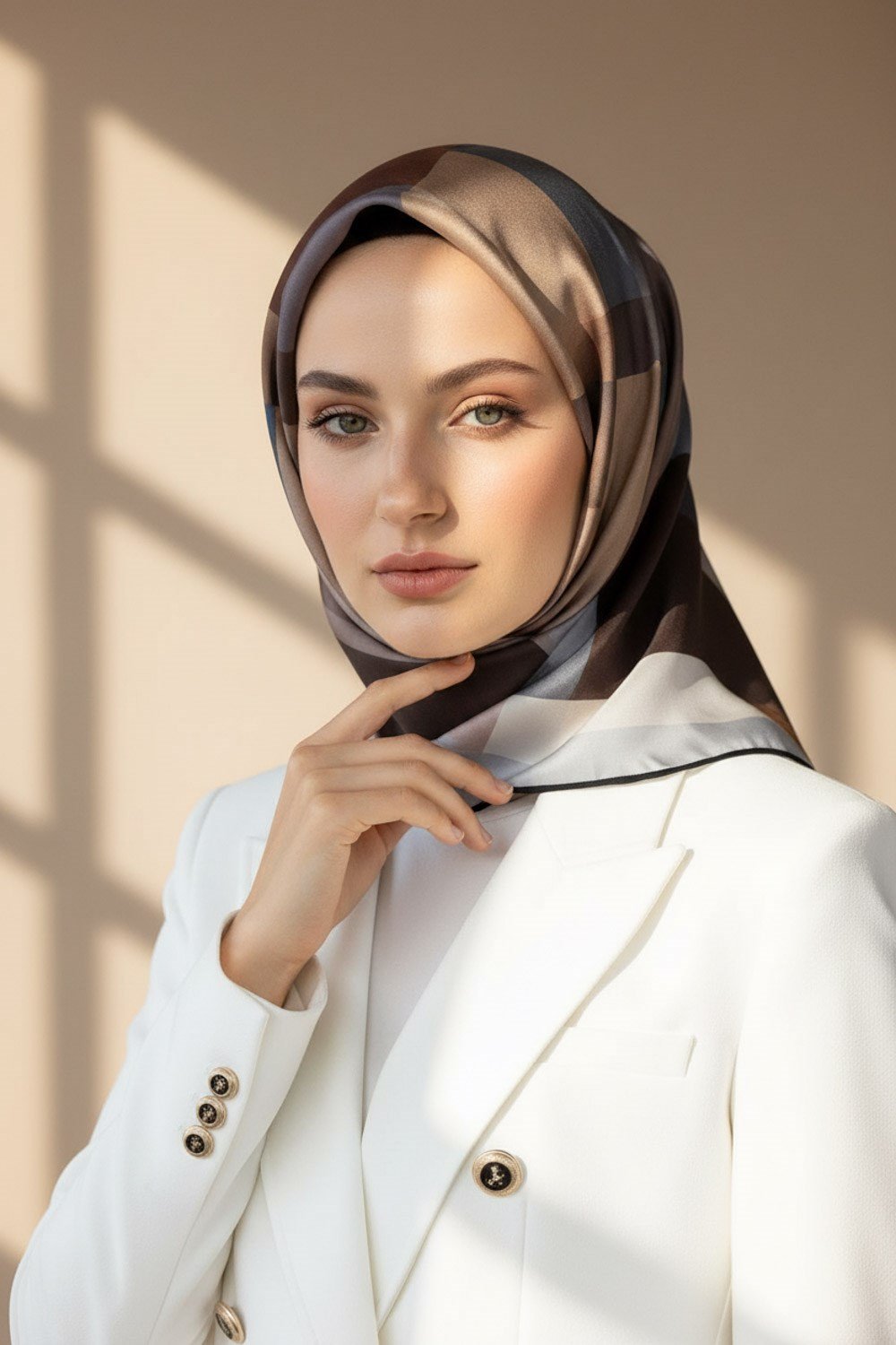 %100 Twill İpek Geometrik Desenli Petrol Mavisi - Gri Renkli 90x90 Eşarp Dikim Şekli : El Dikişi