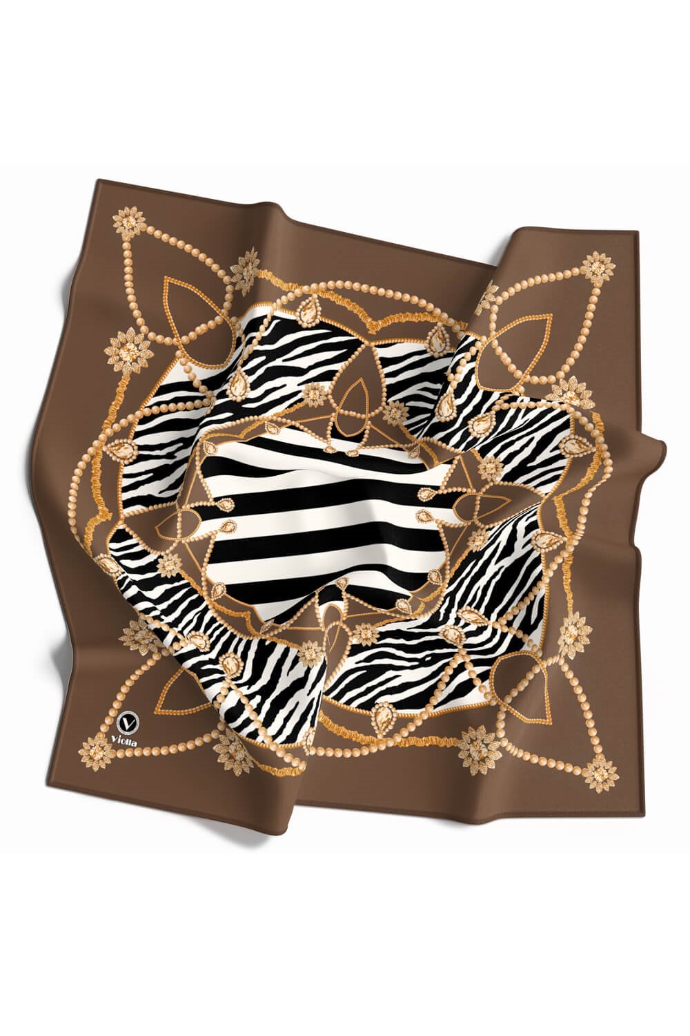 Twill Gold Detaylı Zebra Desenli Vizon Renkli 90x90 Eşarp (İpek İçermez) Kenar Dikiş Şekli El Dikişli