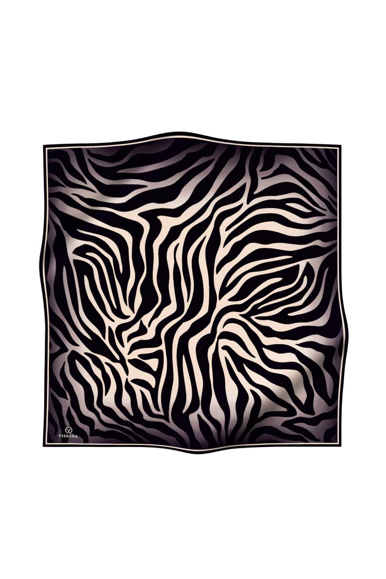 %100 Twill İpek Zebra Desenli Krem - Siyah Renkli 90x90 Eşarp Dikim Şekli : El Dikişi