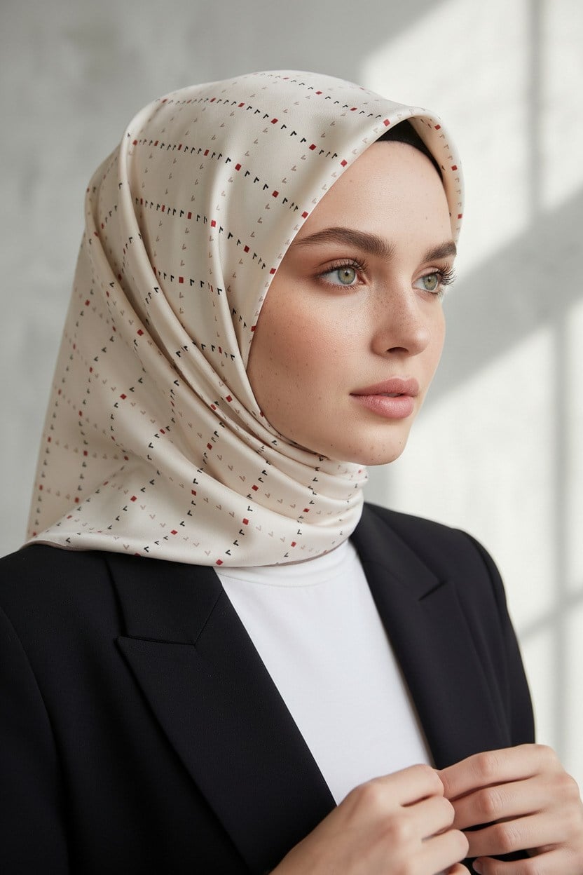 %100 Twill İpek Minik V Desenli Beyaz Renkli 90x90 Eşarp Dikim Şekli : El Dikişi