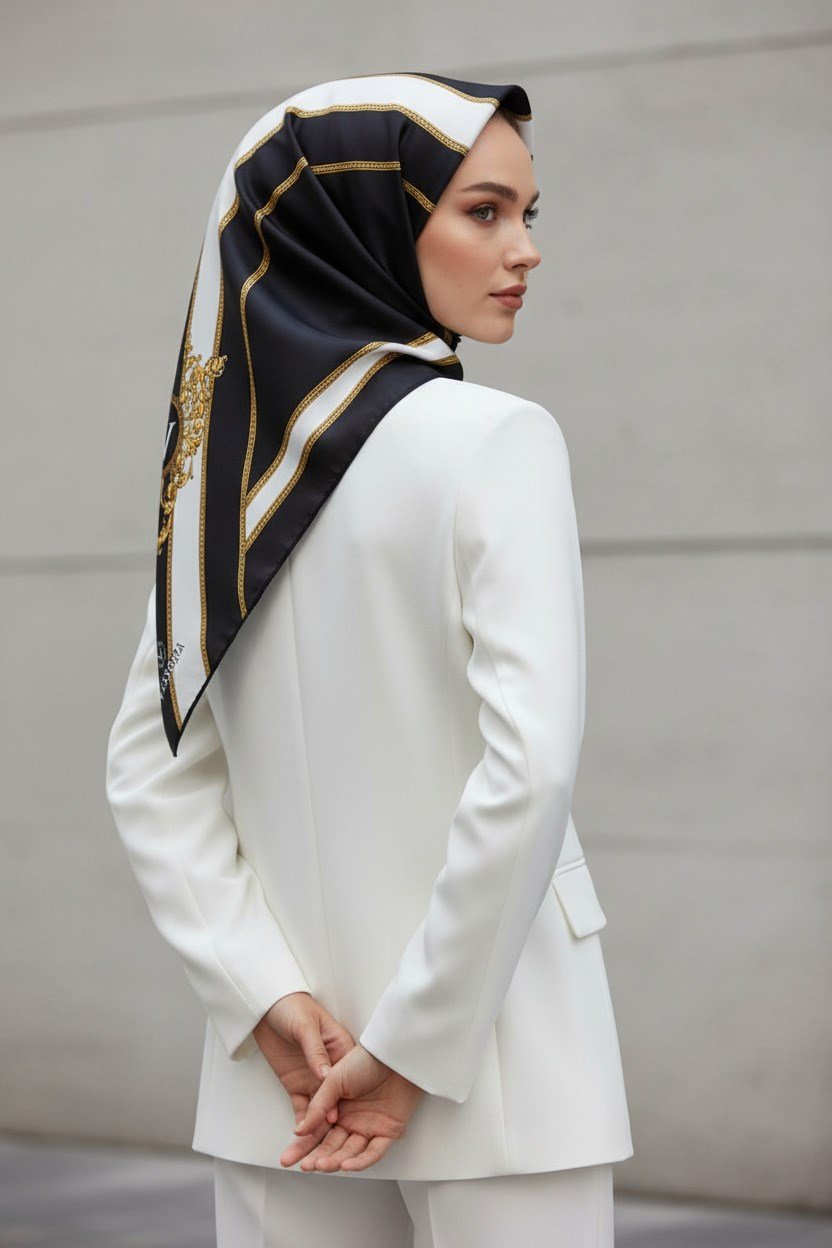 %100 Twill İpek Barok Ve Şerit Desenli Siyah - Krem Renkli 90x90 Eşarp Dikim Şekli : El Dikişi