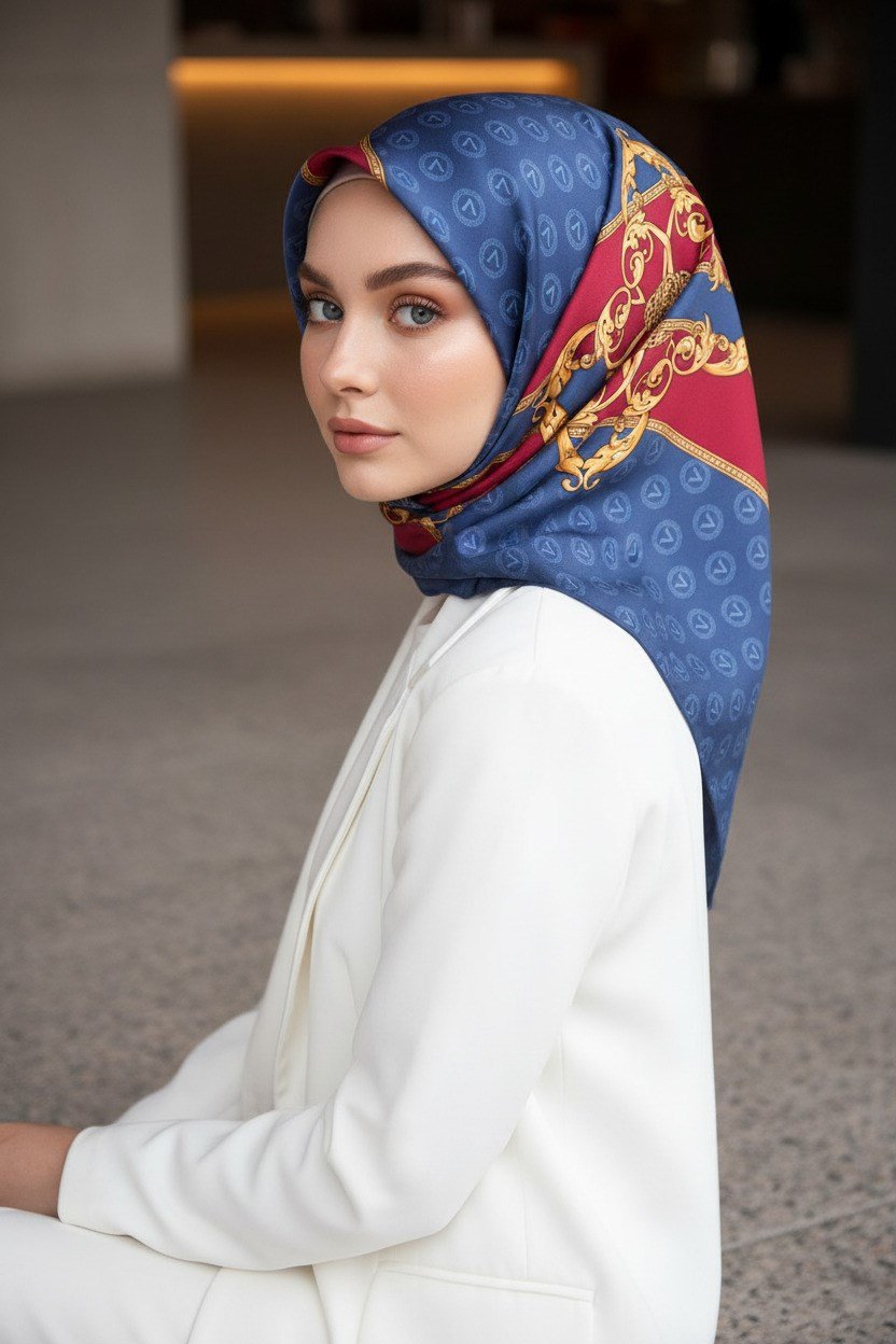 %100 Twill İpek Monogramlı Ve Barok Desenli İndigo - Bordo Renkli 90x90 Eşarp Dikim Şekli : El Dikişi