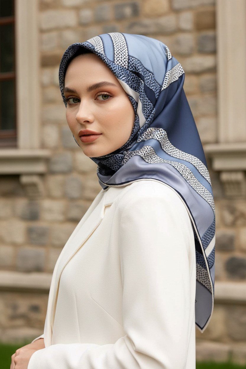 % 57 İPEK % 43 VİSKON Twill İpek Geometrik Desenli İndigo - Krem Renkli 90x90 Eşarp Dikim Şekli : El Dikişi