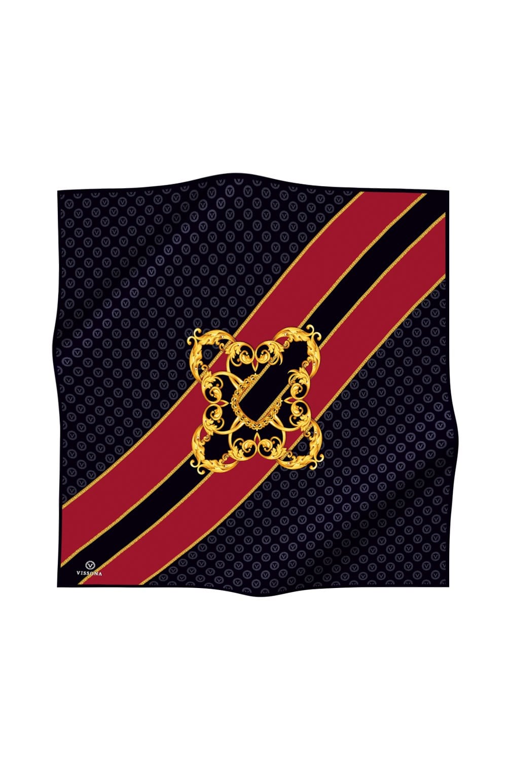 %100 Twill İpek Monogram Ve Barok Desenli Siyah - Bordo Renkli 90x90 Eşarp Dikim Şekli : El Dikişi