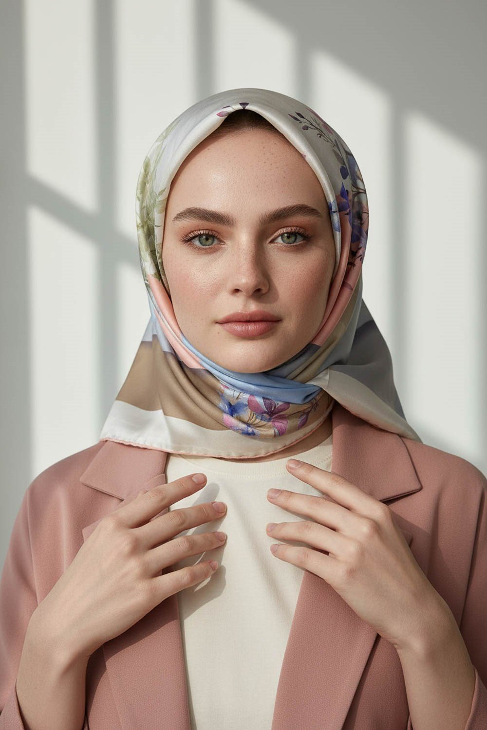%100 Twill İpek Kareli Ve Çıtır Çiçek Desenli Pudra - Bebe Mavisi Renkli 90x90 Eşarp Dikim Şekli : El Dikişi