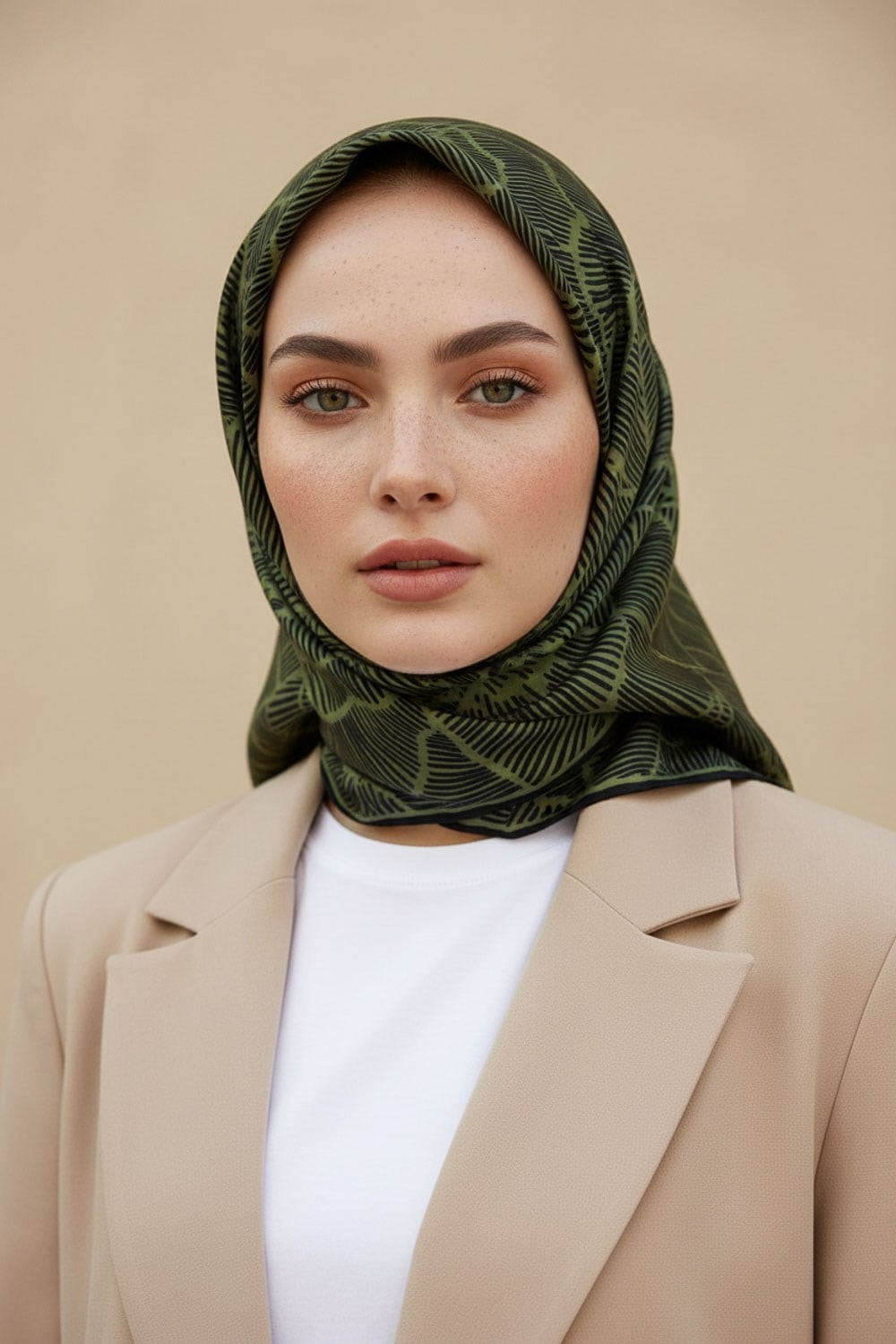 %100 Twill İpek Geometrik Desenli Haki - Siyah Renkli 90x90 Eşarp Dikim Şekli : El Dikişi