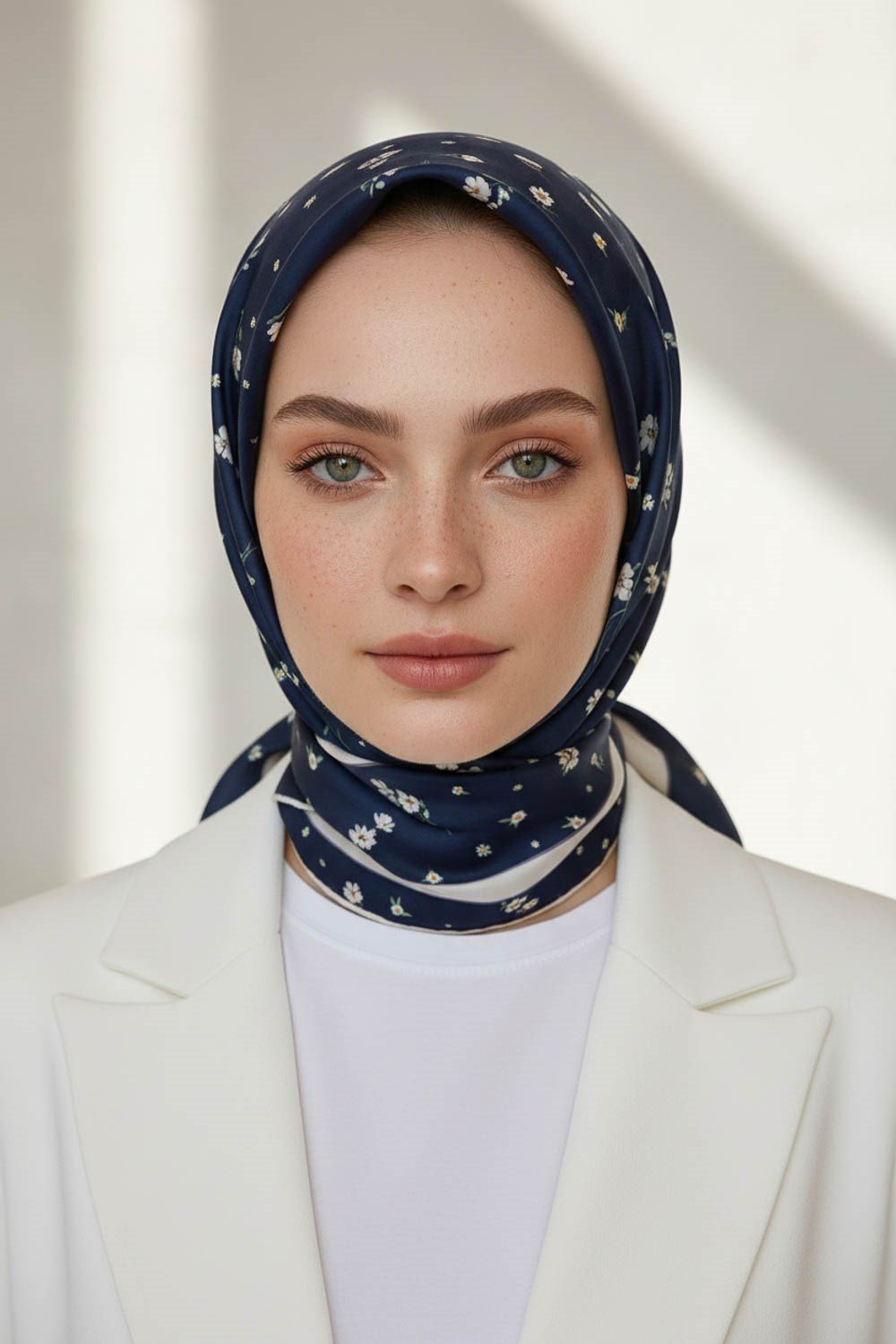 100% Twill İpek Bordürlü Çıtır Çiçek Desenli Lacivert - Krem Renkli 90x90 Dikim Şekli : El Dikişi Eşarp