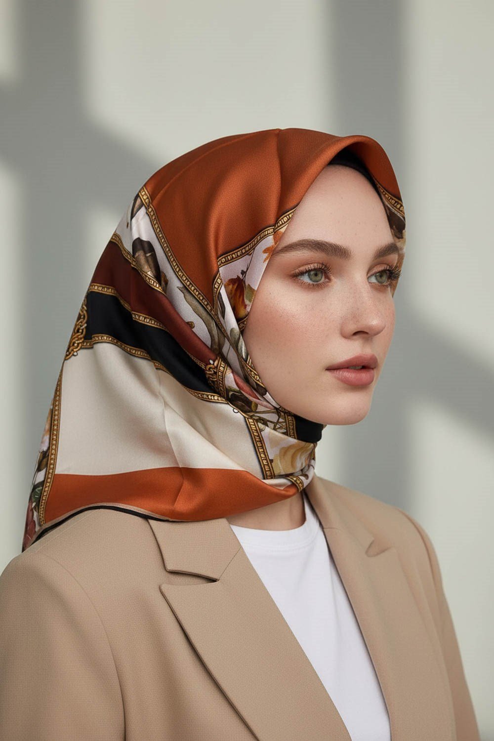 100% Twill İpek Şeritli Çiçek Desenli Taba - Siyah Renkli 90x90 Dikim Şekli : El Dikişi Eşarp