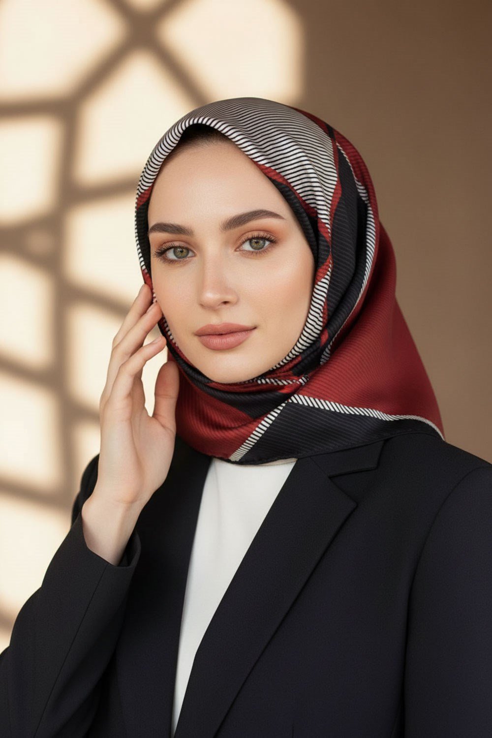 %100 Twill İpek Geometrik Desenli Bordo Renkli 90x90 Eşarp Dikim Şekli : El Dikişi