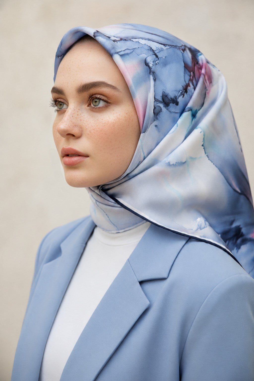 % 57 İPEK % 43 VİSKON Twill İpek Batik Çiçek Desenli Bebe Mavisi - Pudra Renkli 90x90 Eşarp Kenar Dikiş Şekli El Dikişli