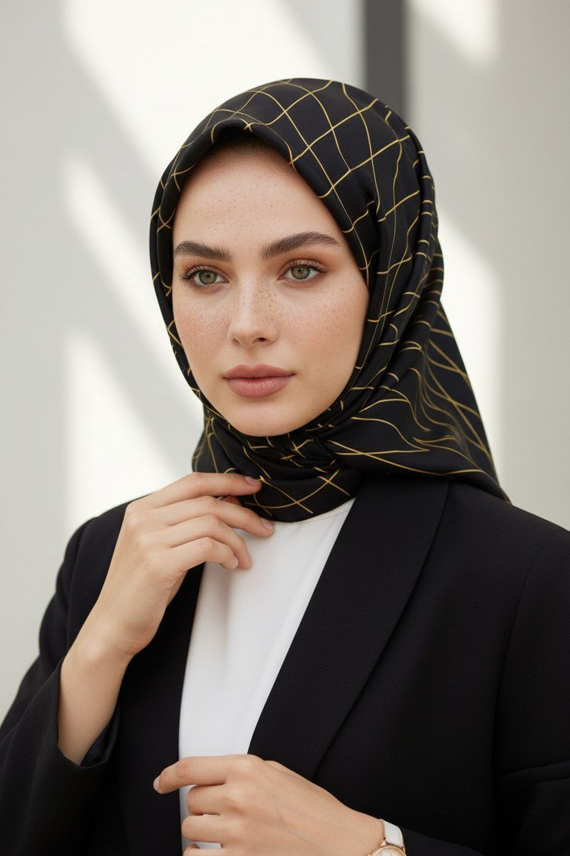 % 57 İPEK % 43 VİSKON Twill Çizgili Desenli Sarı - Siyah Renkli 90x90 Eşarp Dikim Şekli: El Dikişi