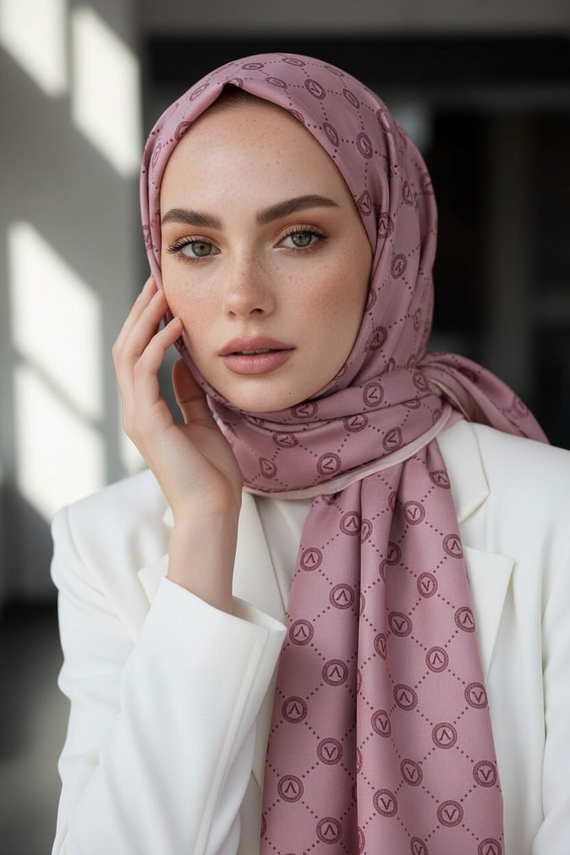 %100 Saf İpek Şal İnce Saten Vual Dokuma V Logo Desenli Gül Kurusu Renkli 90x210 Şal