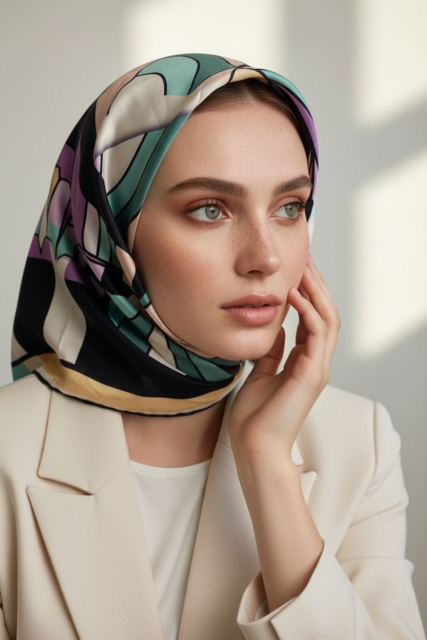100% Twill İpek Geometrik Desenli Lacivert - Lila Renkli 90x90 Dikim Şekli : El Dikişi Eşarp