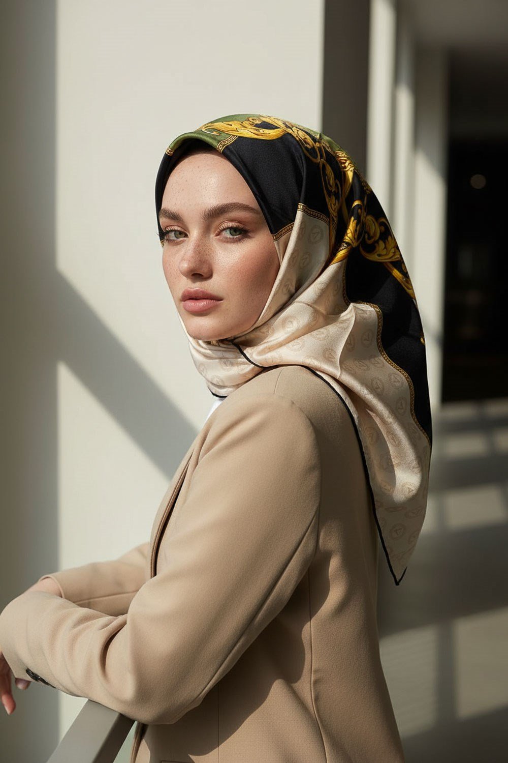 %100 Twill İpek Monogram Ve Barok Desenli Siyah - Haki Renkli 90x90 Eşarp Dikim Şekli : El Dikişi