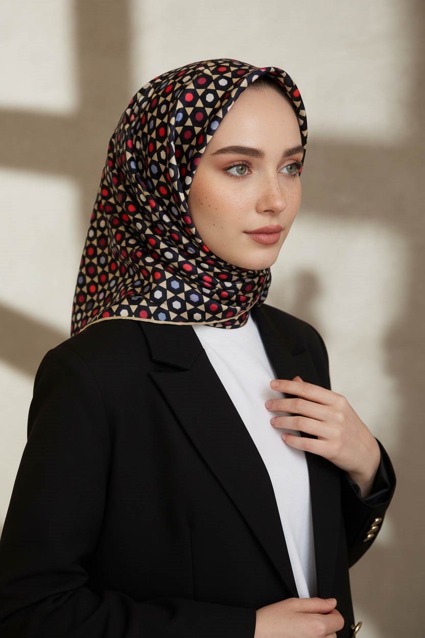 %100 Twill İpek Nokta Desenli Siyah - Bej Renkli 90x90 Eşarp Dikim Şekli : El Dikişi