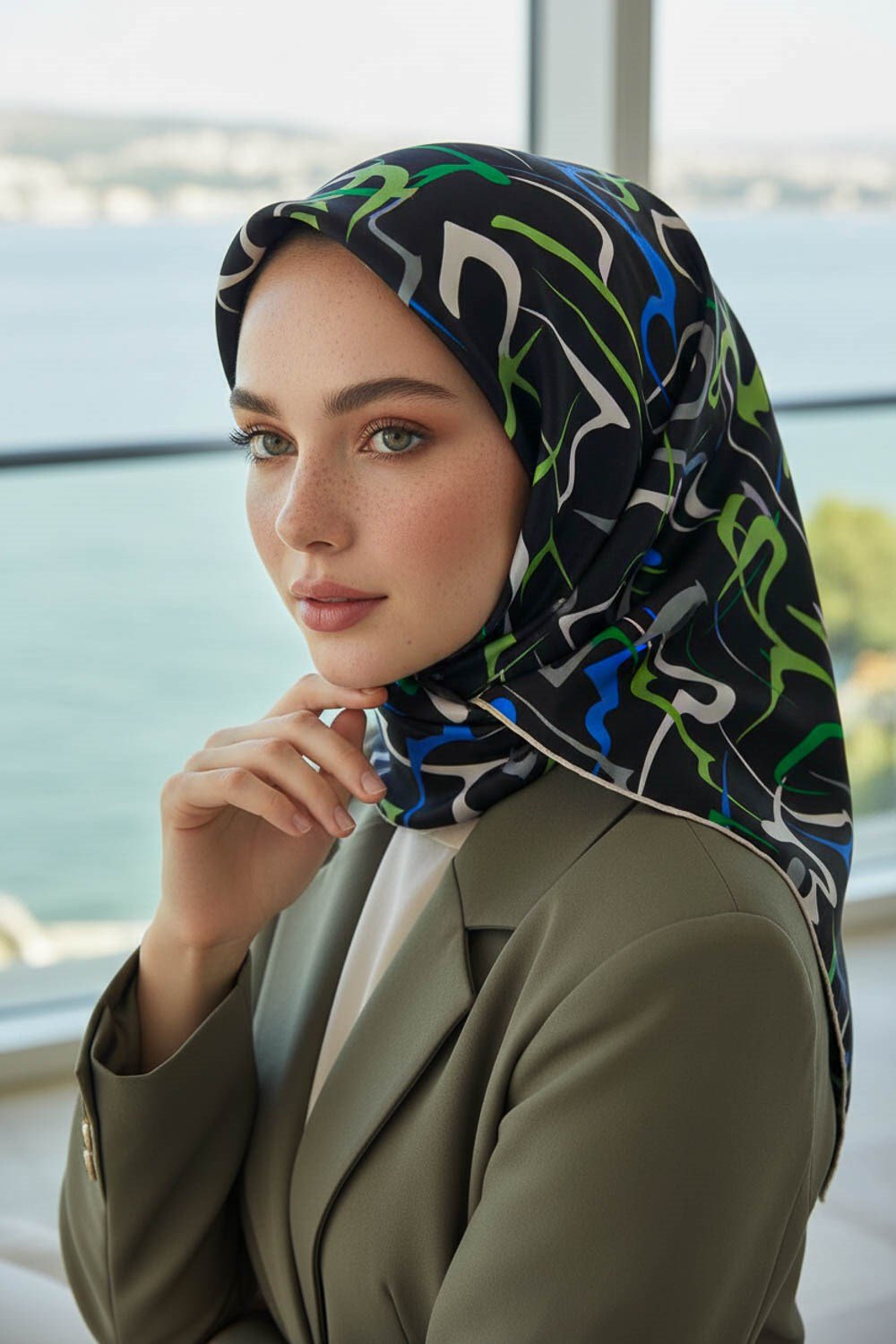 % 57 İPEK % 43 VİSKON Twill İpek Soyut Geometrik Desenli Saks - Zümrüt Yeşili Renkli 90x90 Eşarp Dikim Şekli : El Dikişi