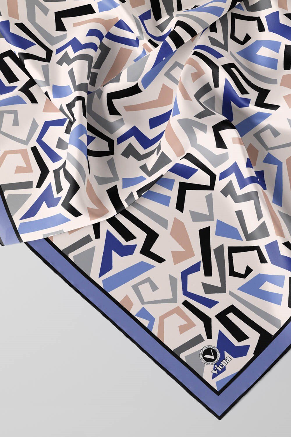 Twill Geometrik Desenli Bebe Mavisi Renkli 90x90 Eşarp (İpek İçermez) Kenar Dikiş Şekli El Dikişli