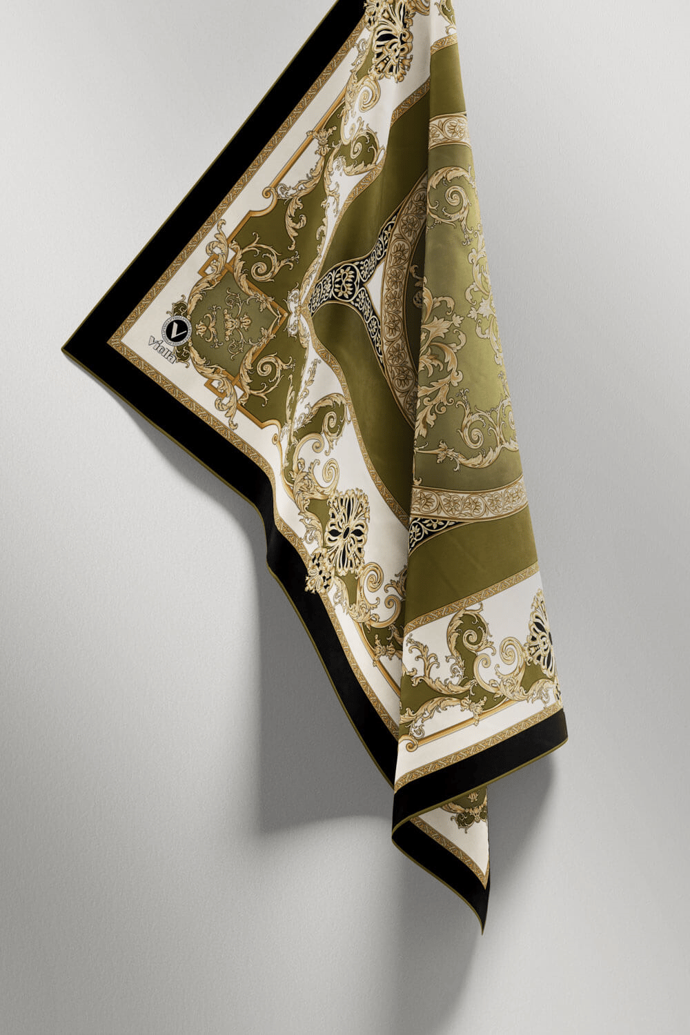 Twill Barok Desenli Haki Yeşili Renkli 90x90 Eşarp (İpek İçermez) Kenar Dikiş Şekli El Dikişli