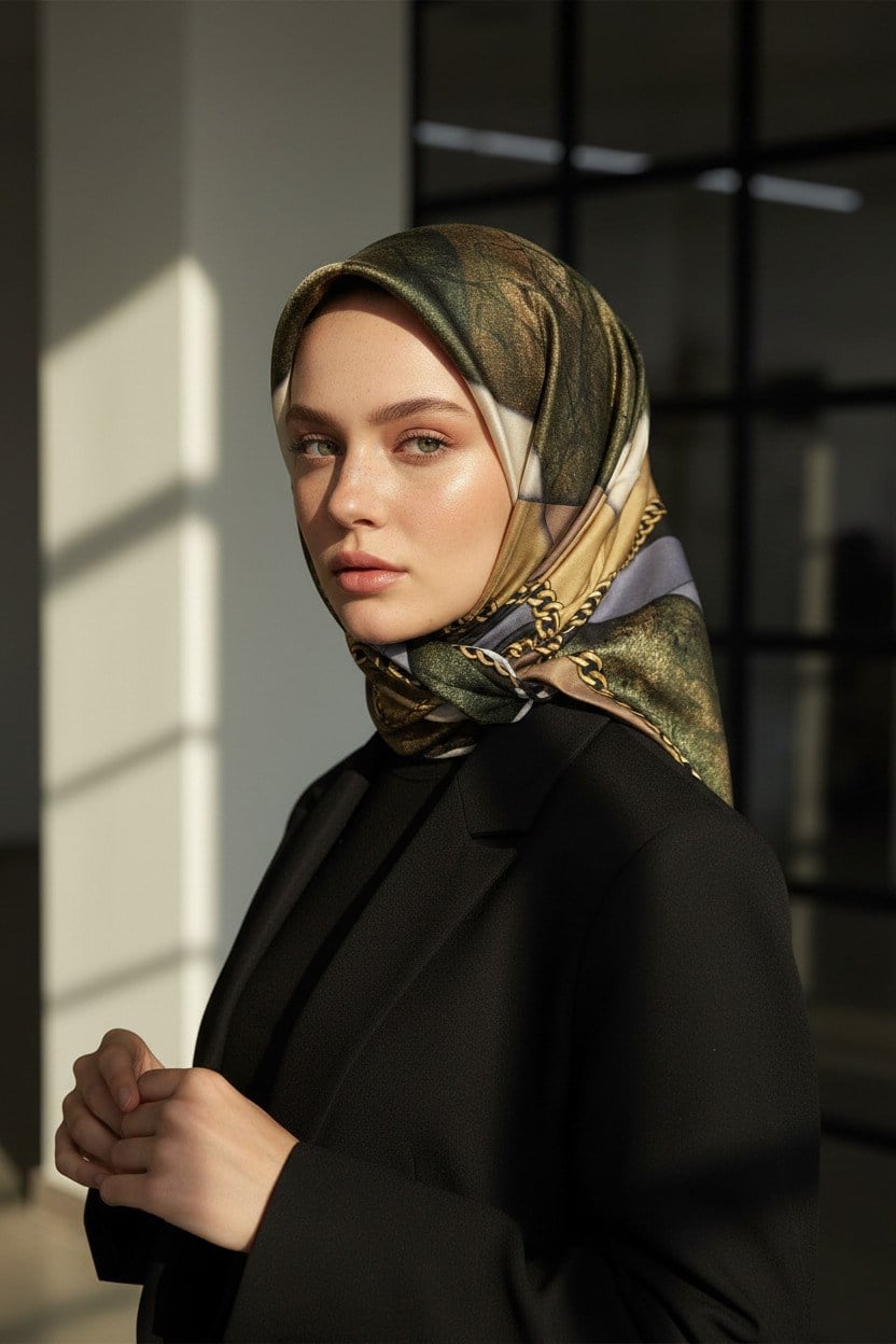 % 57 İPEK % 43 VİSKON Twill İpek Taş Efekti Desenli Gri - Siyah Renkli 90x90 Eşarp Dikim Şekli : El Dikişi