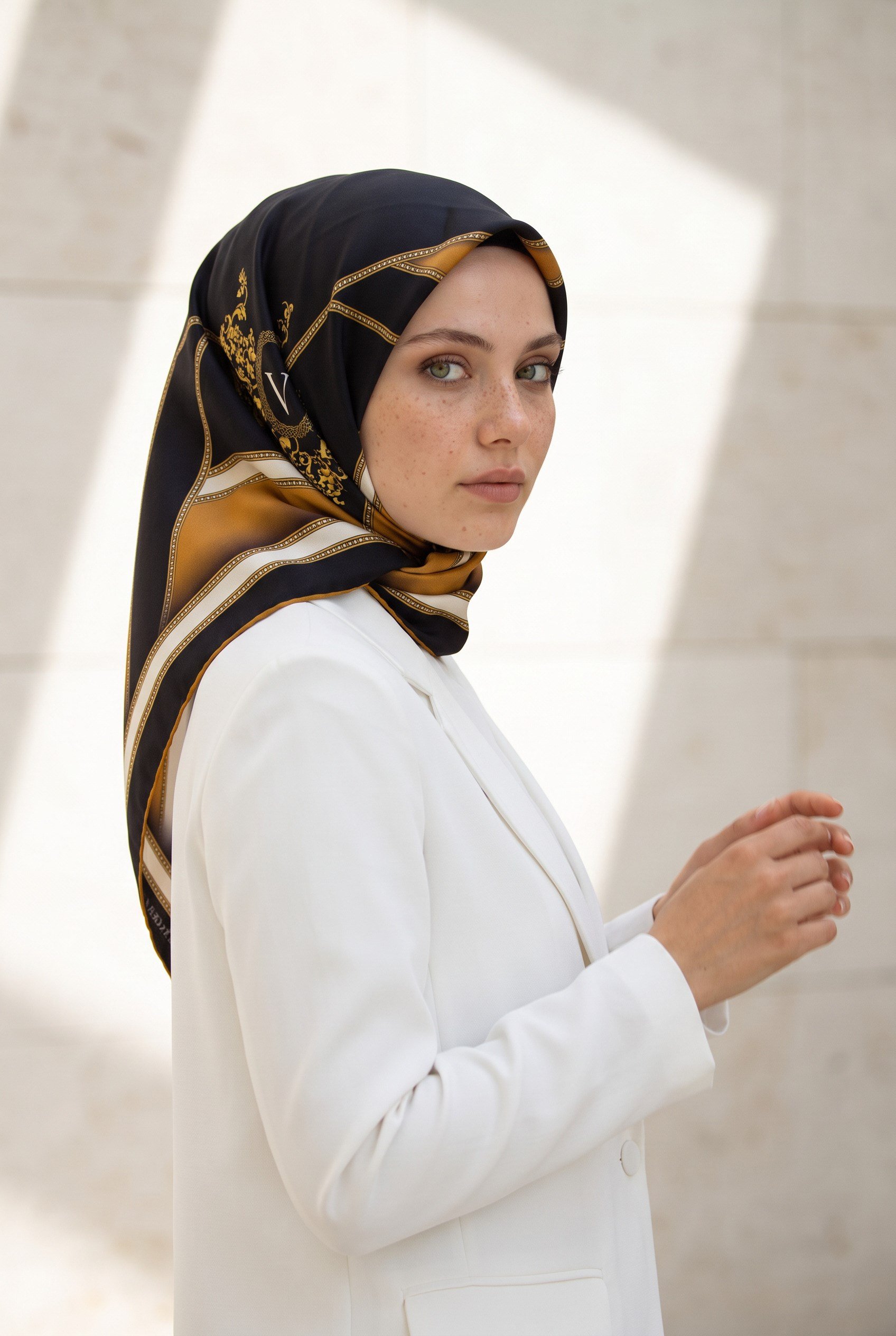 %100 Twill İpek Baroklu Ve Geometrik Desenli Hardal - Siyah  Renkli 90x90 Eşarp Dikim Şekli : El Dikişi