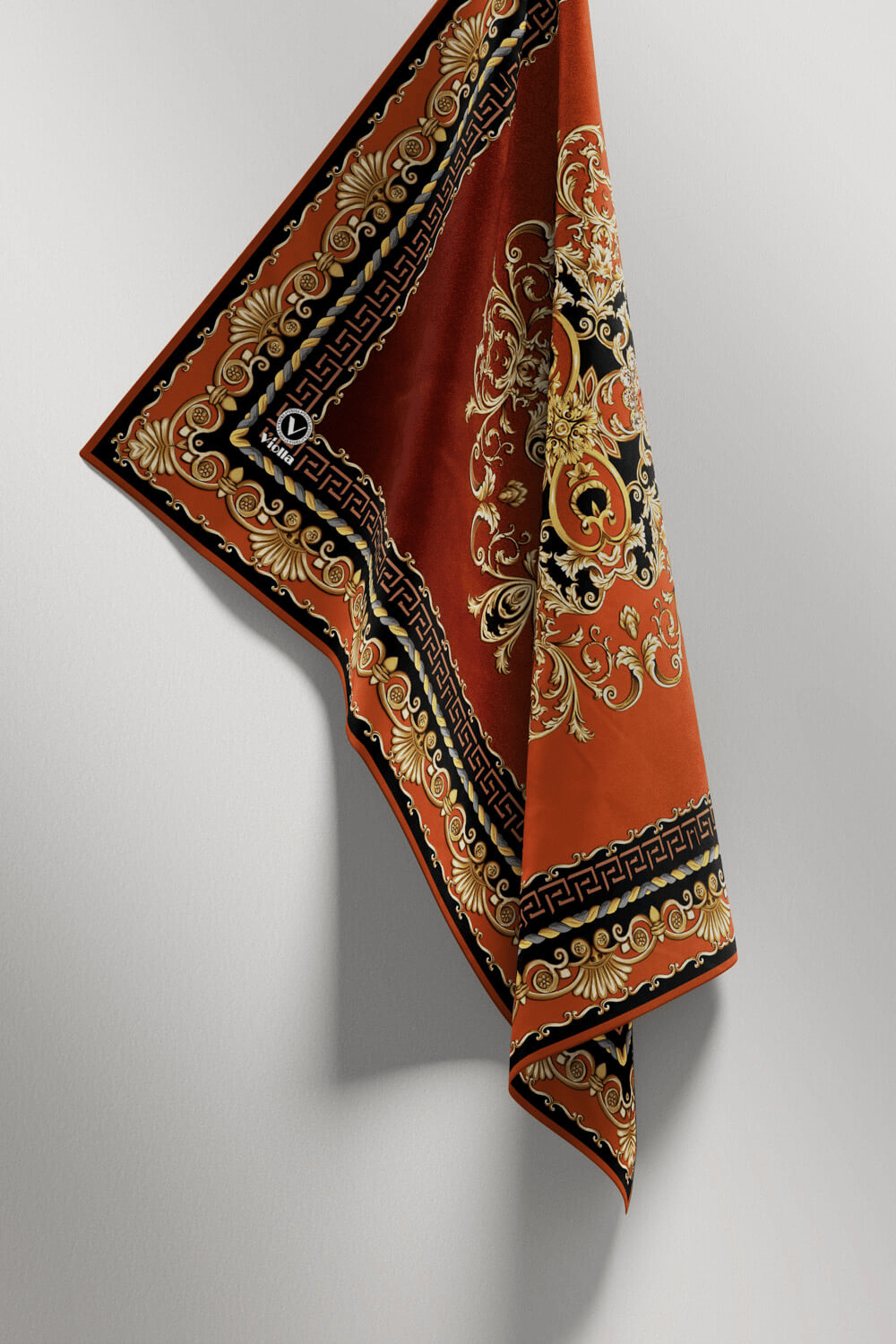 Twill Barok Desenli Siyah - Taba Renkli 90x90 Eşarp (İpek İçermez) Dikim Şekli : El Dikişi