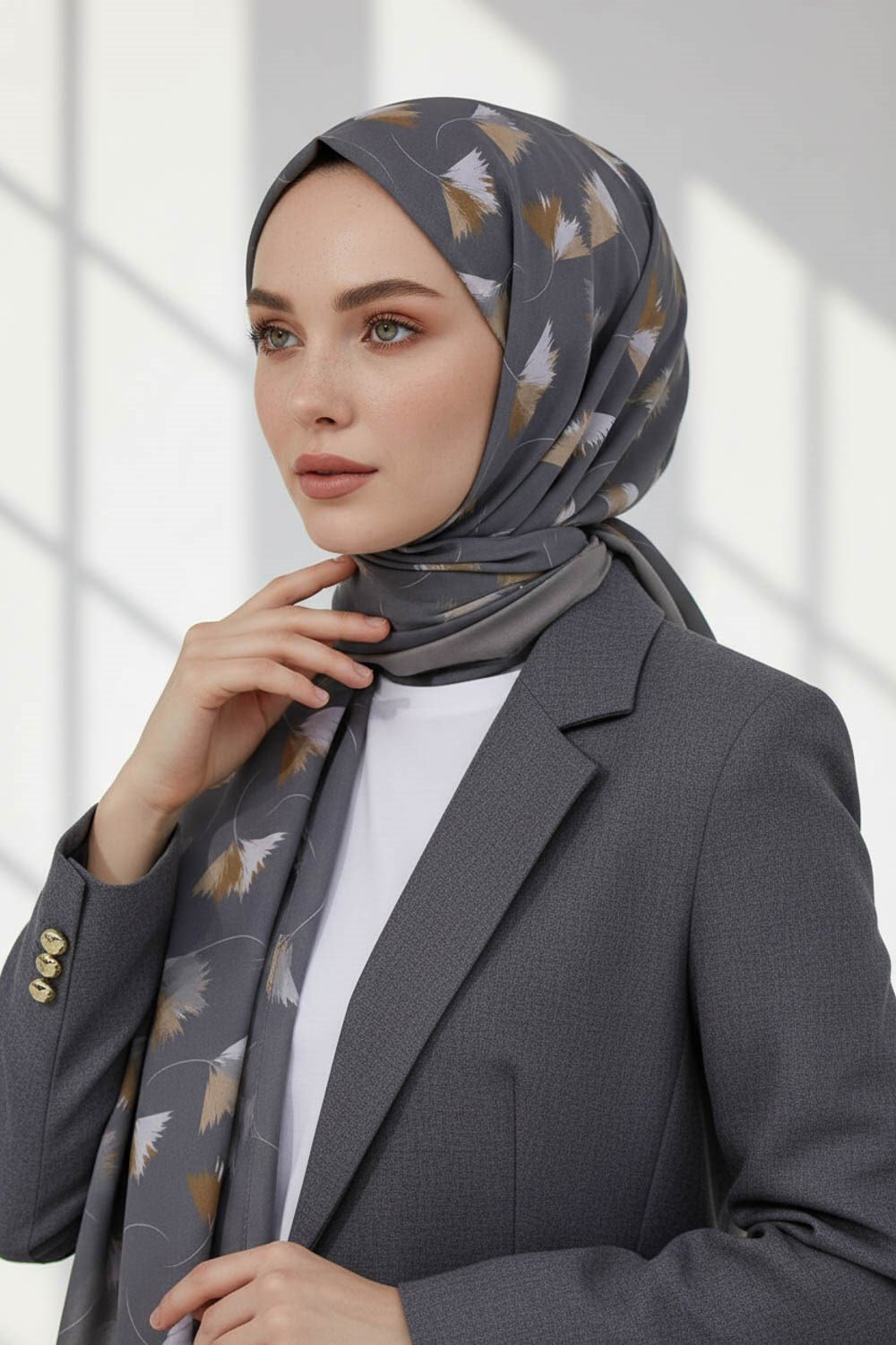 KREP YAPRAK DESENLİ GRİ RENKLİ 75X195 KIRIŞMAZ ŞAL