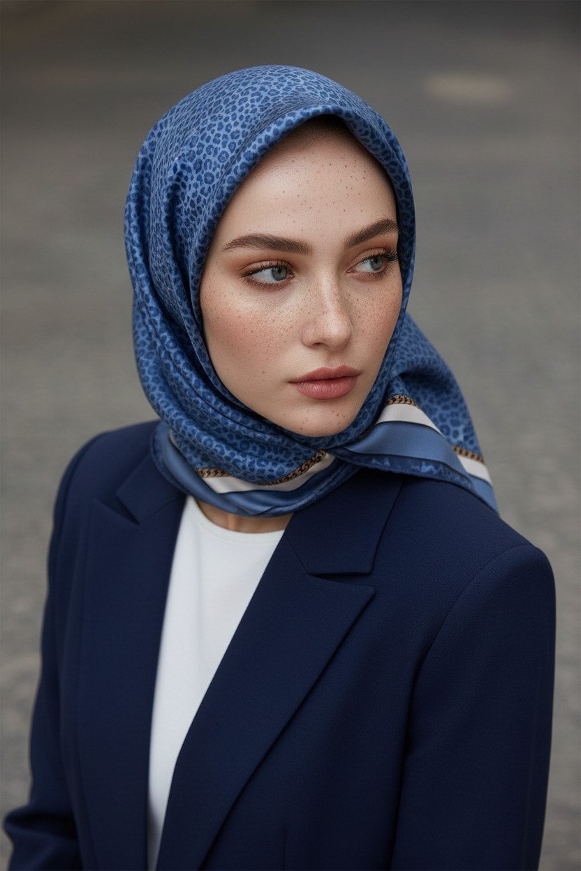 % 57 İPEK % 43 VİSKON Twill İpek Leopar Desenli İndigo - Krem Renkli 90x90 Eşarp Dikim Şekli : El Dikişi