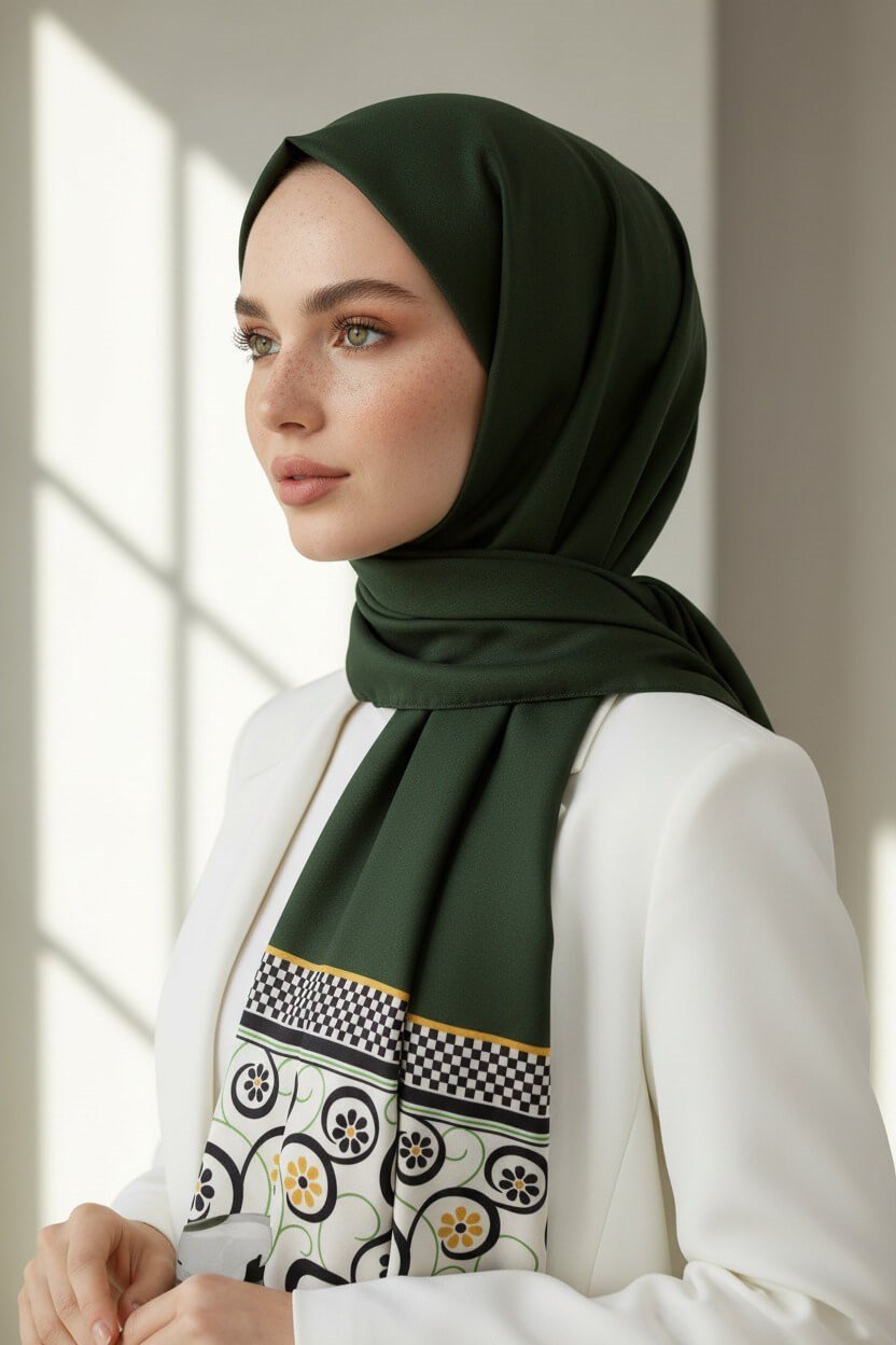 KREP KENAR MOTİFİ ÇİÇEK DESENLİ ZÜMRÜT YEŞİLİ RENKLİ 75X195 KIRIŞMAZ ŞAL