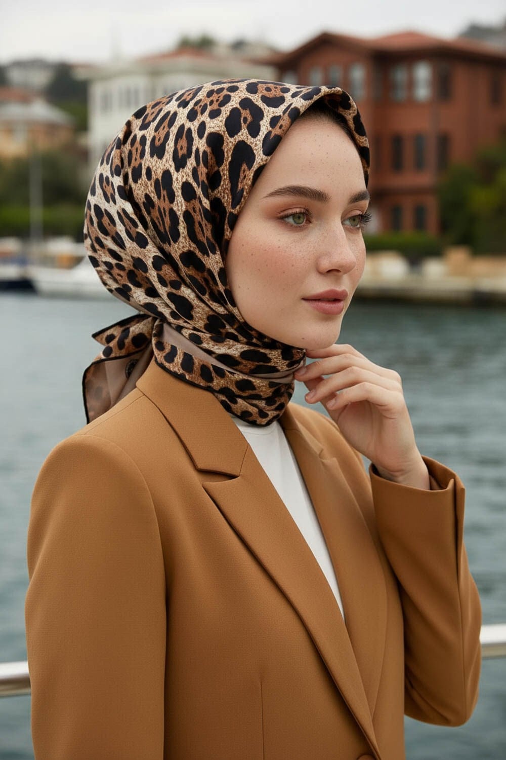 %100 Twill İpek Leopar Desenli Vizon Renkli 90x90 Eşarp Dikim Şekli : El Dikişi