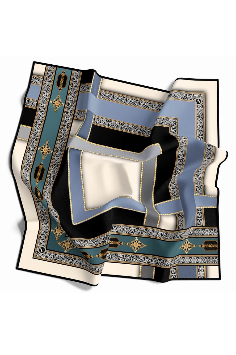 Twill Gold Detaylı ve Antik Motif Desenli Petrol Yeşili - İndigo Renkli 90x90 Eşarp (İpek İçermez) Kenar Dikiş Şekli El Dikişli