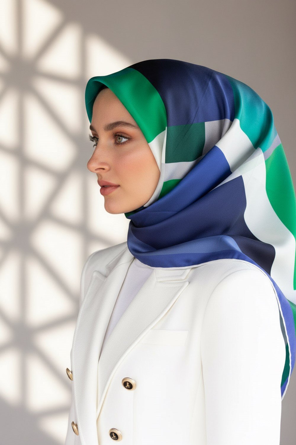 % 57 İPEK % 43 VİSKON Twill İpek Geometrik Desenli Zümrüt Yeşili - Saks Renkli 90x90 Eşarp Dikim Şekli : El Dikişi
