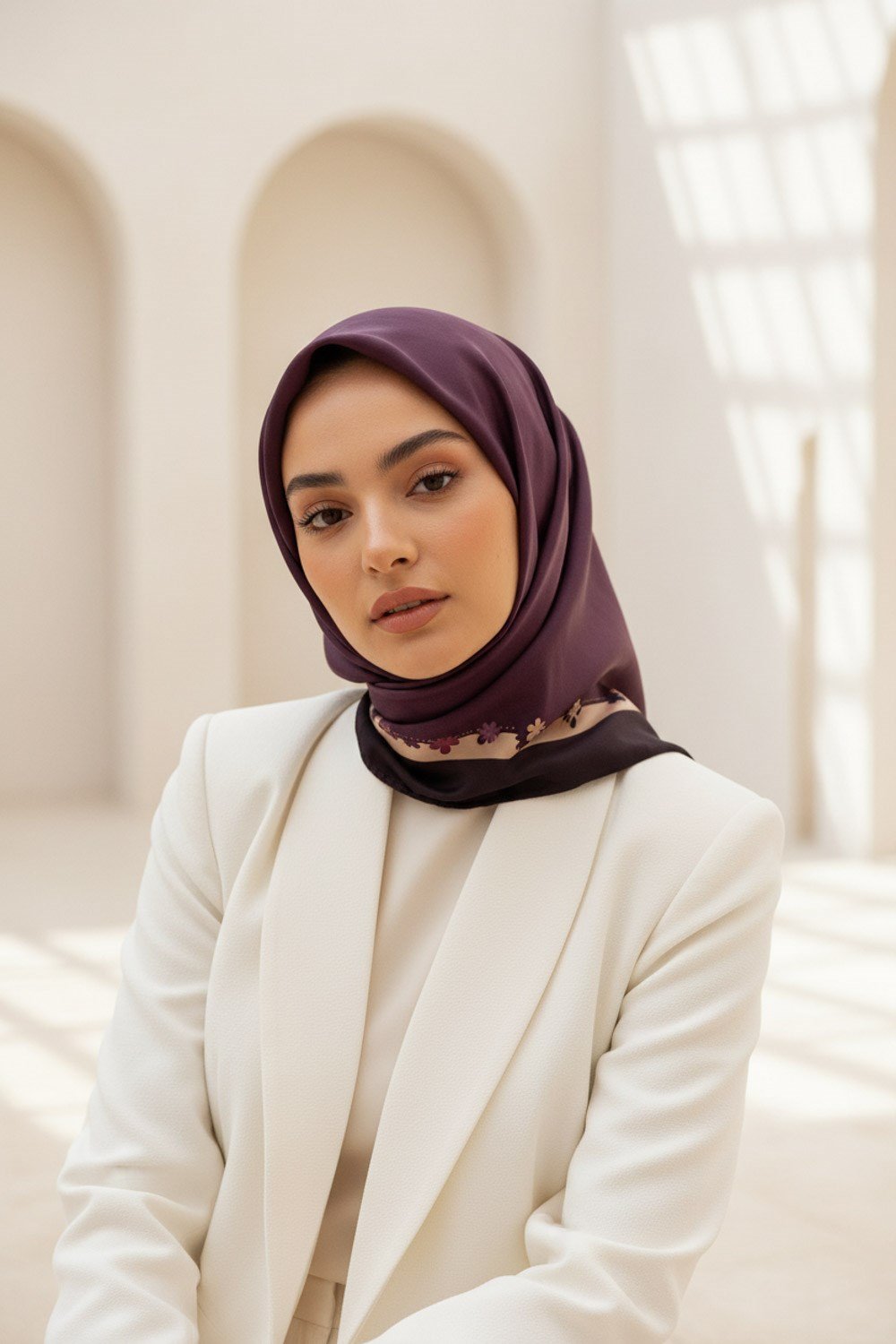 %100 Twill İpek Kenar Motifi Çiçek Desenli Şarabi - Bej Renkli 90x90 Eşarp Dikim Şekli : El Dikişi