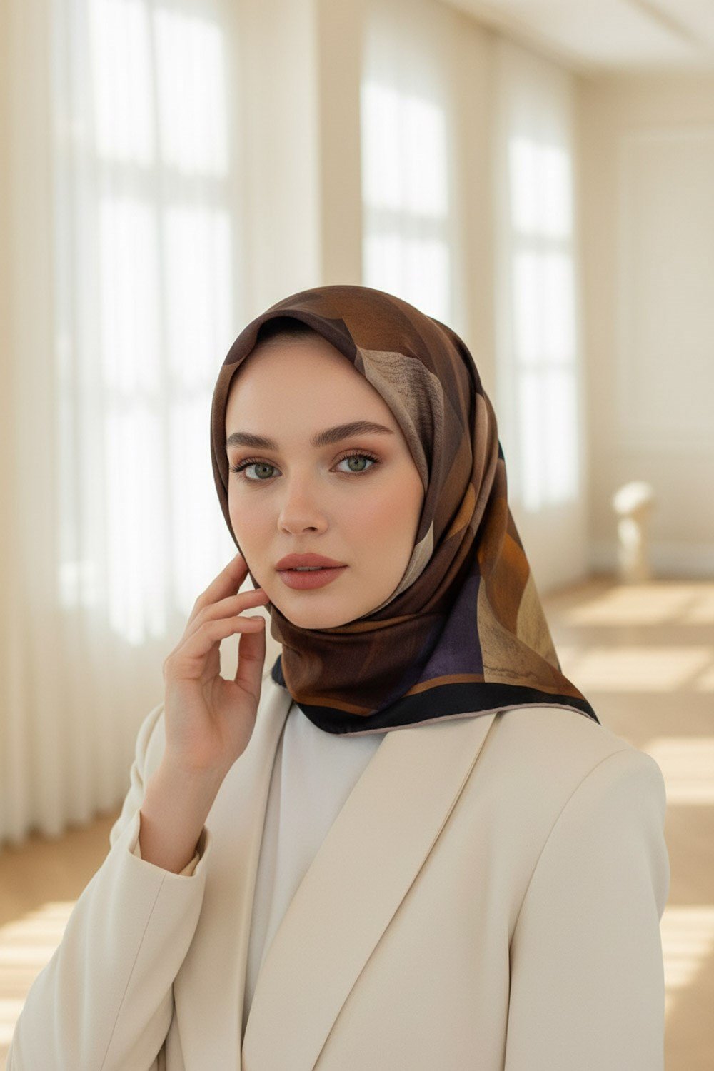 %100 Twill İpek Geometrik Desenli Kiremit - İndigo Renkli 90x90 Eşarp Dikim Şekli : El Dikişi