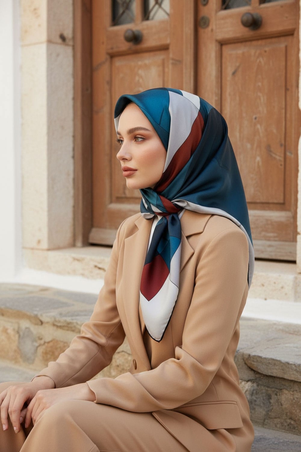 %100 Twill İpek Geometrik Desenli Taba - Petrol Mavisi Renkli 90x90 Eşarp Dikim Şekli : El Dikişi