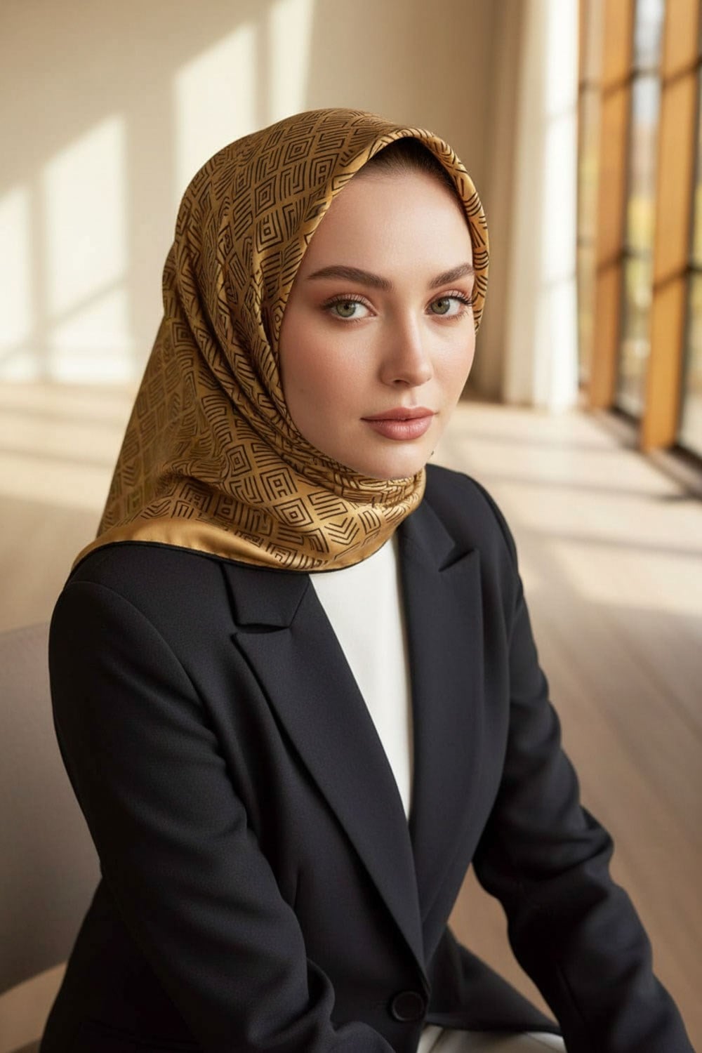 100% Twill İpek Etnik Motif Desenli Gold - Siyah Renkli 90x90 Dikim Şekli : El Dikişi Eşarp