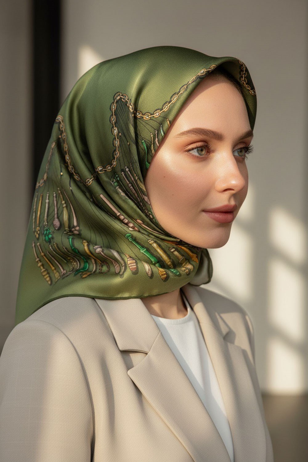 %100 Twill İpek Zincir Desenli Haki Renkli 90x90 Eşarp Dikim Şekli : El Dikişi