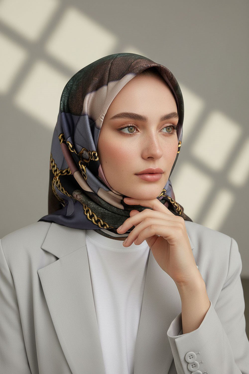 %100 Twill İpek Taş Efekti Desenli Pudra - Gri Renkli 90x90 Eşarp Dikim Şekli : El Dikişi