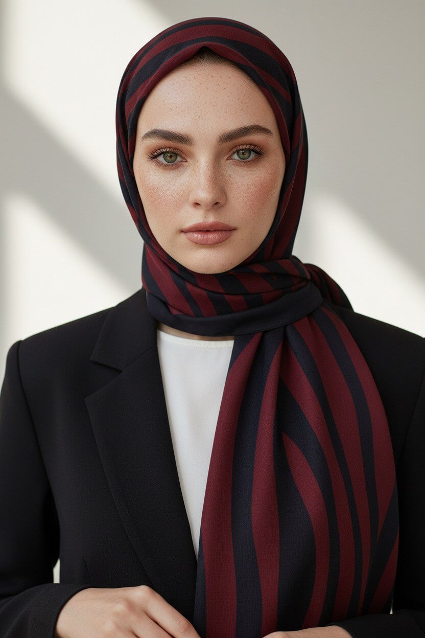 Kırışmaz Krep Şal Zebra Desenli Siyah Kırmızı – Ütü İstemez Kolay Şekil Alır 75x190 cm